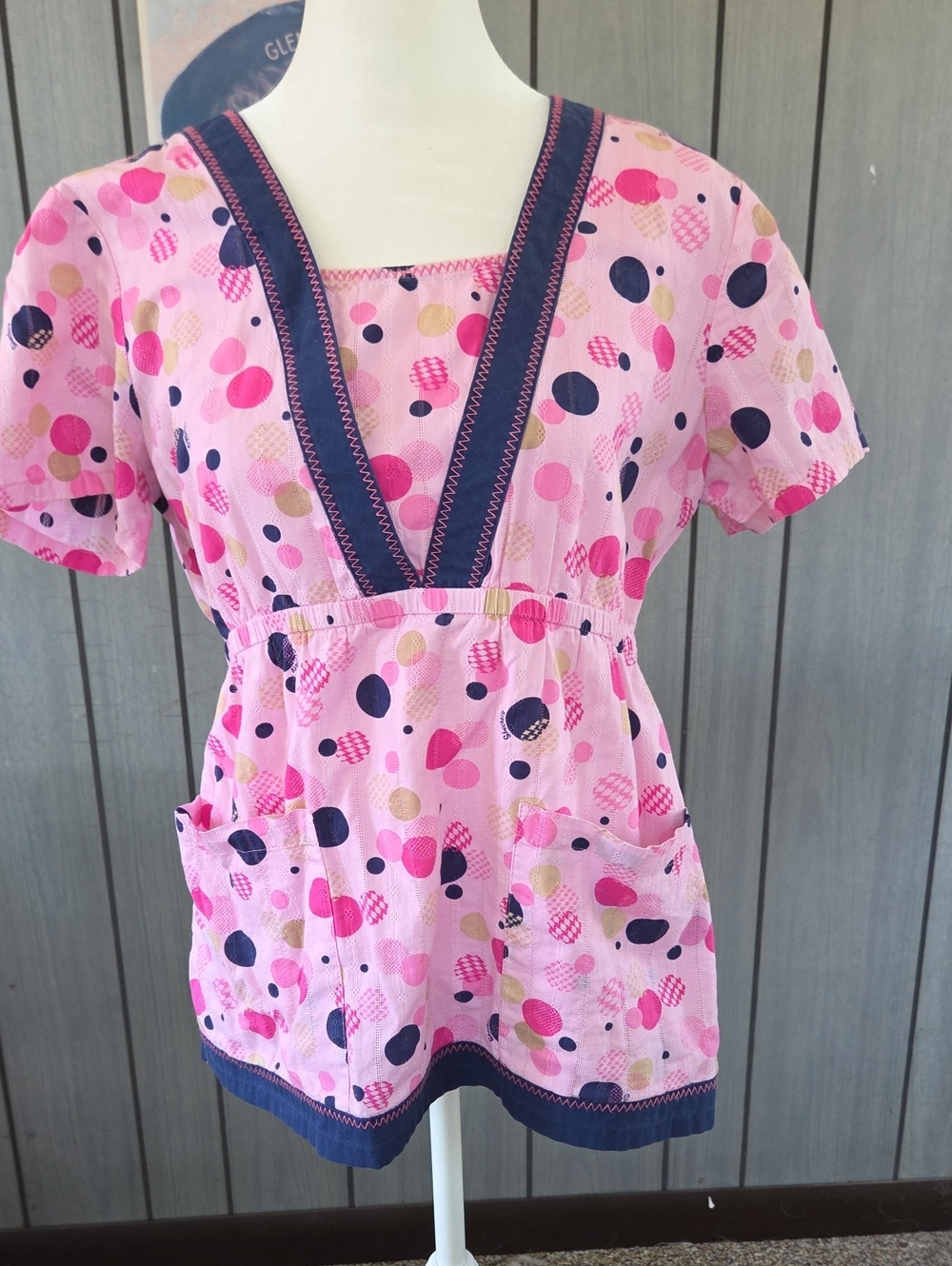 Sketchers Pink Polka Dot scrub top  with Navy Trim